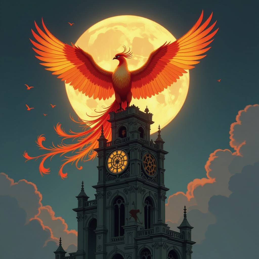 Majestic Phoenix on Ancient Clockwork Tower