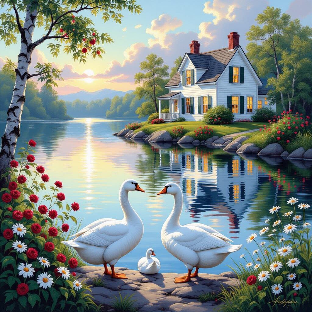 Geese on Serene Lake Shore in Realistic Oil Painting Style
