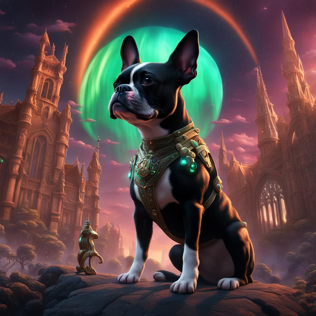 Aurora Borealis Scene with Boston Terriers