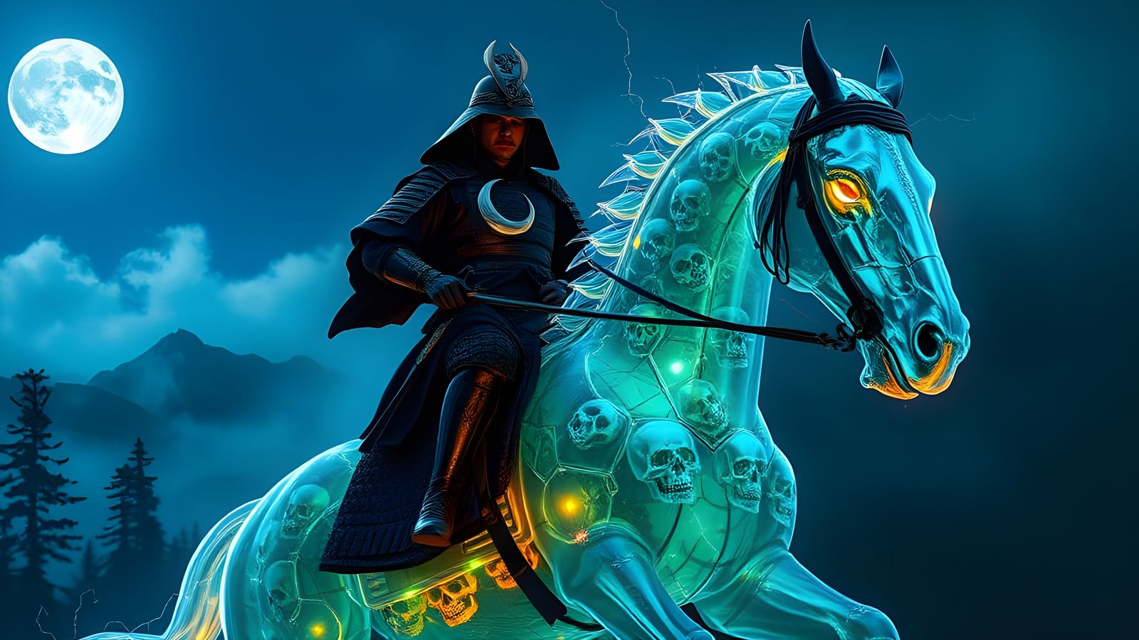 Cyberpunk Samurai Rides Glass Skull Horse in Moonlit Night