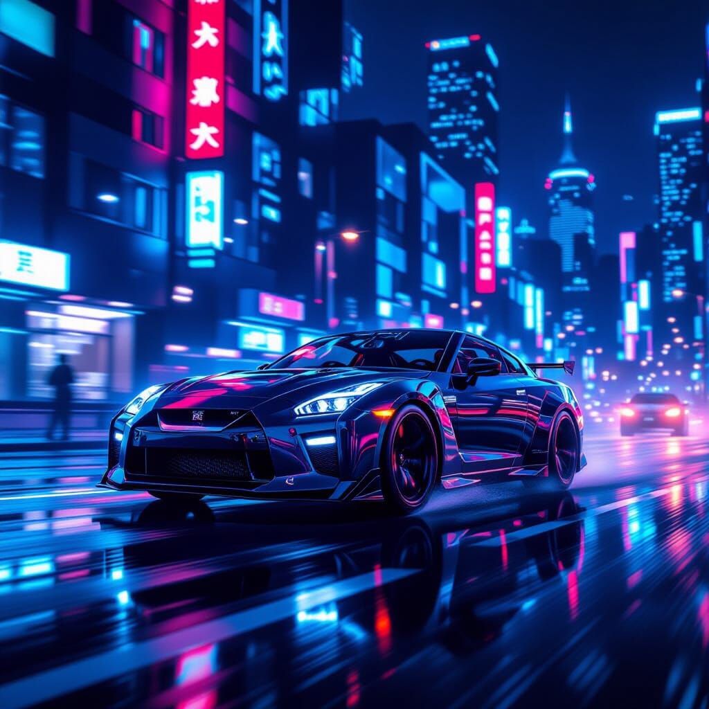 Cyberpunk GT-R Speeds Through Neon Cityscape at Night