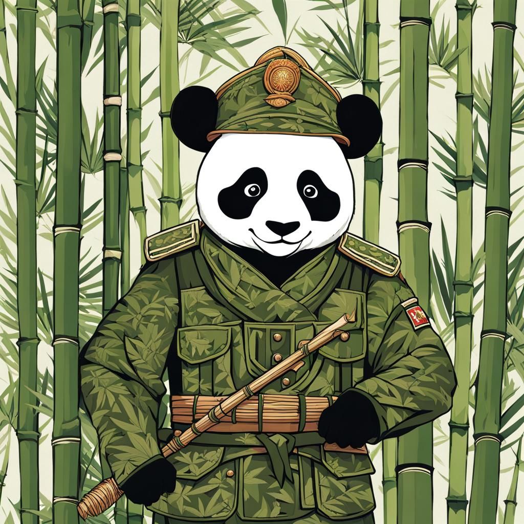 Panda Soldier in Camouflage with Bamboo Staff