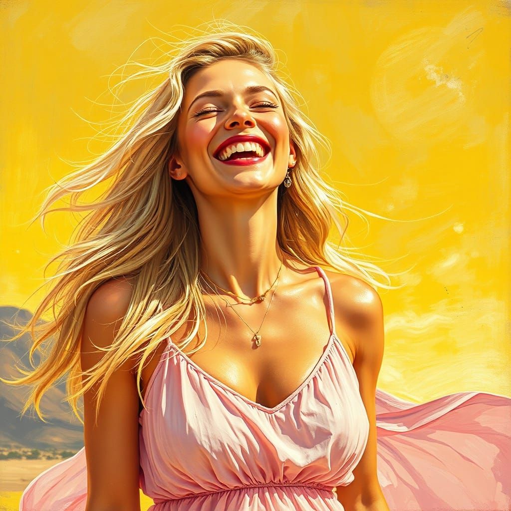 Woman Laughing Under Golden Sky in Flowing Pink Dress