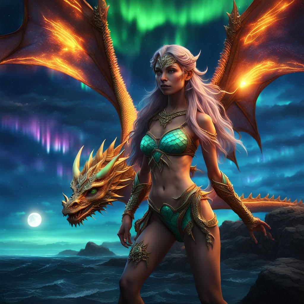 Dragon Girl with Radiant Wings at Northern Lights