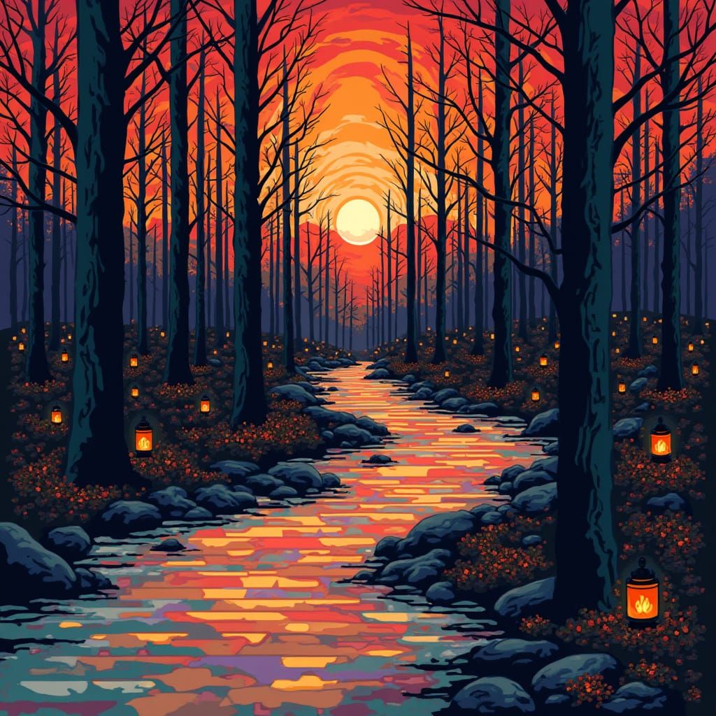Abstract Optical Illusion with Forest and Lanterns