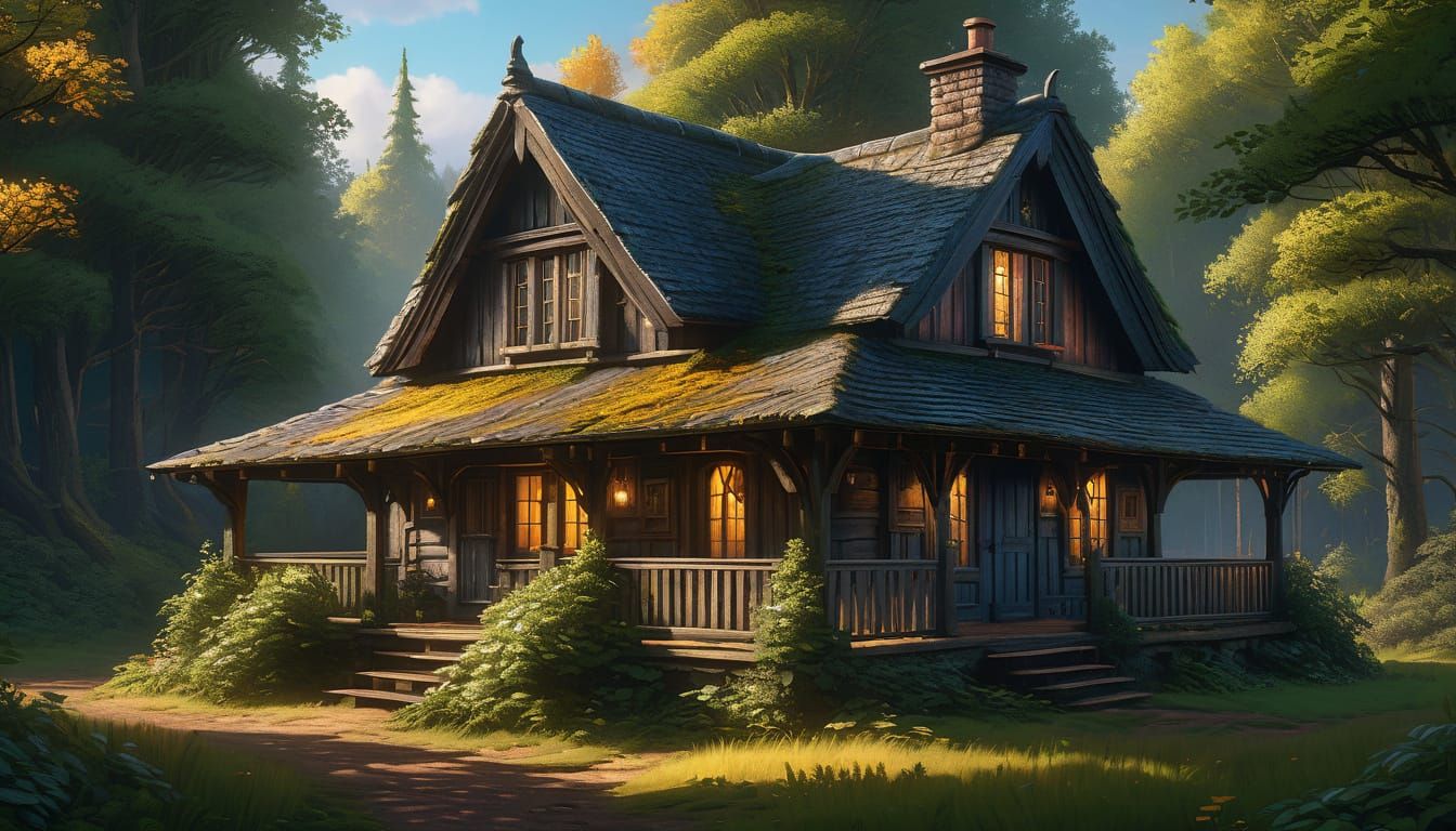 Weathered Forest Cottage Oil Painting with Dramatic Lighting