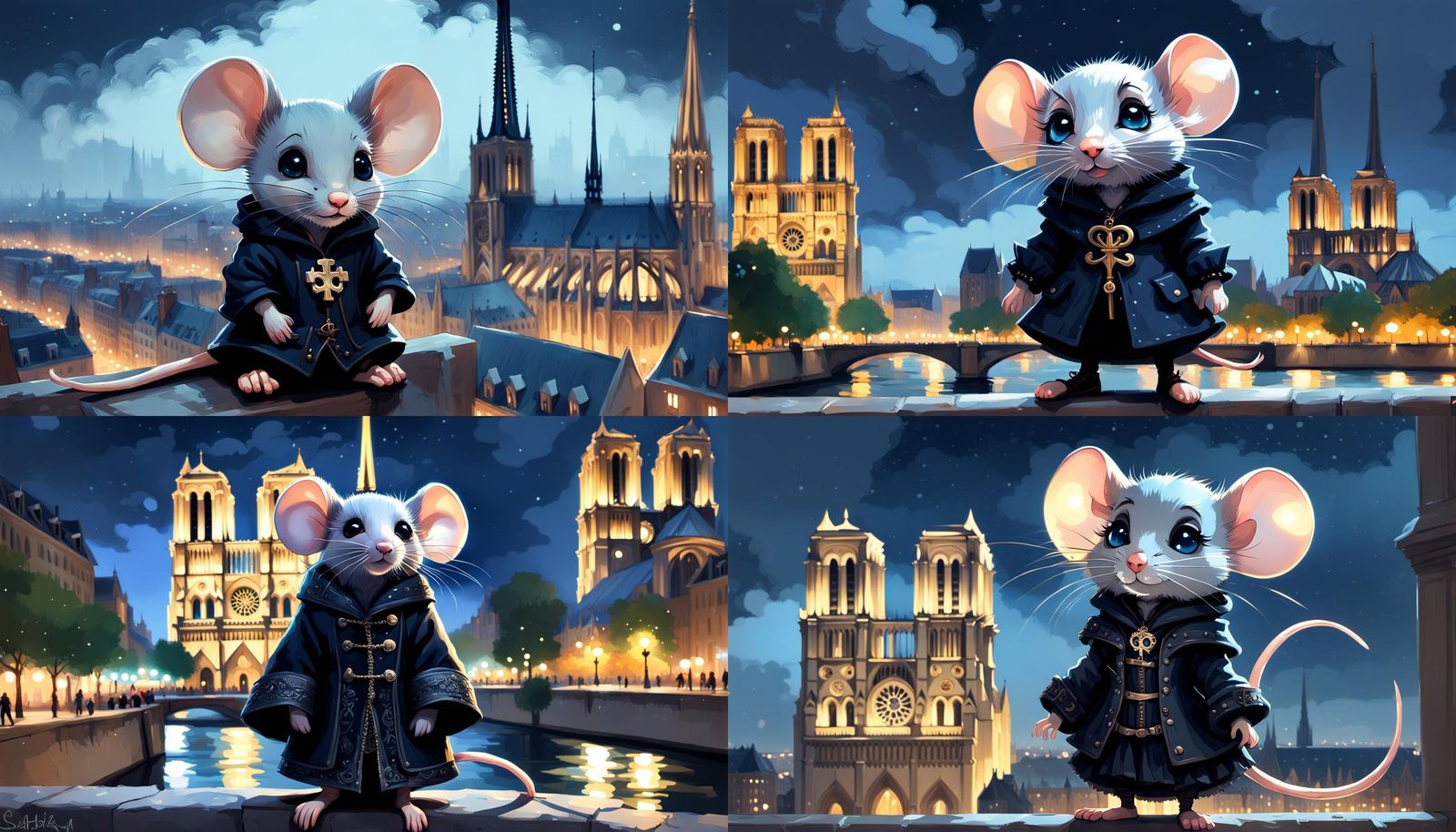 nighttime cityscape, cute goth masqueteer mouse in boots, No...