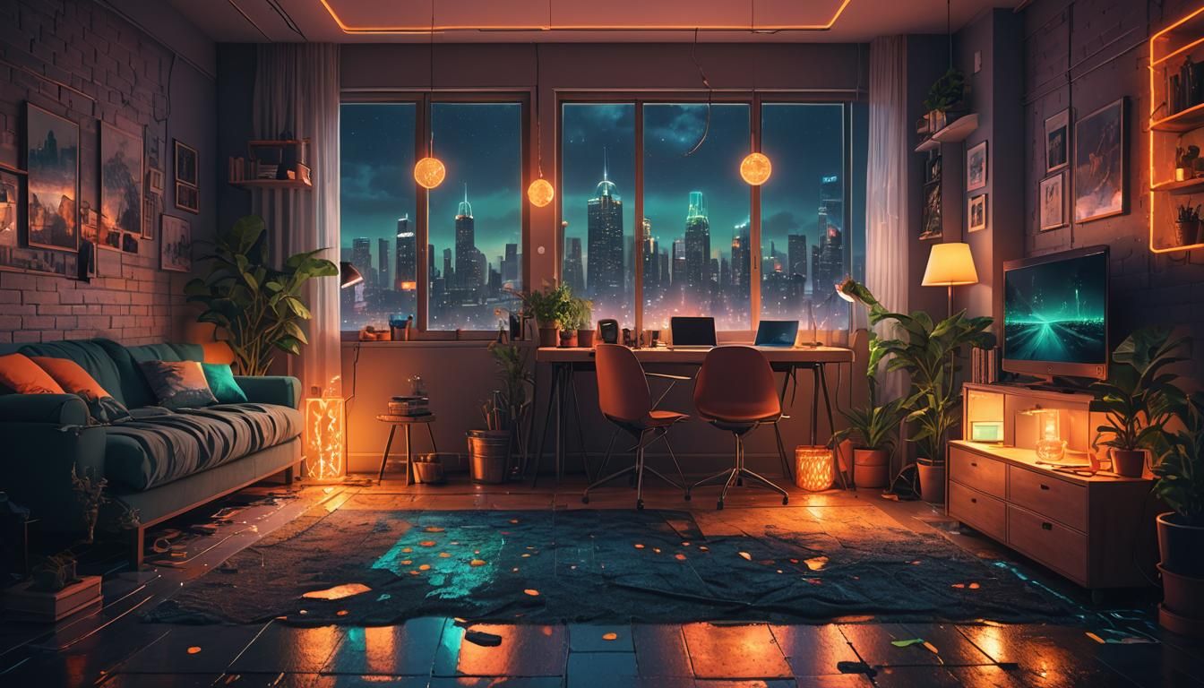 Cozy Apartment Overlooking Futuristic Cityscape at Night