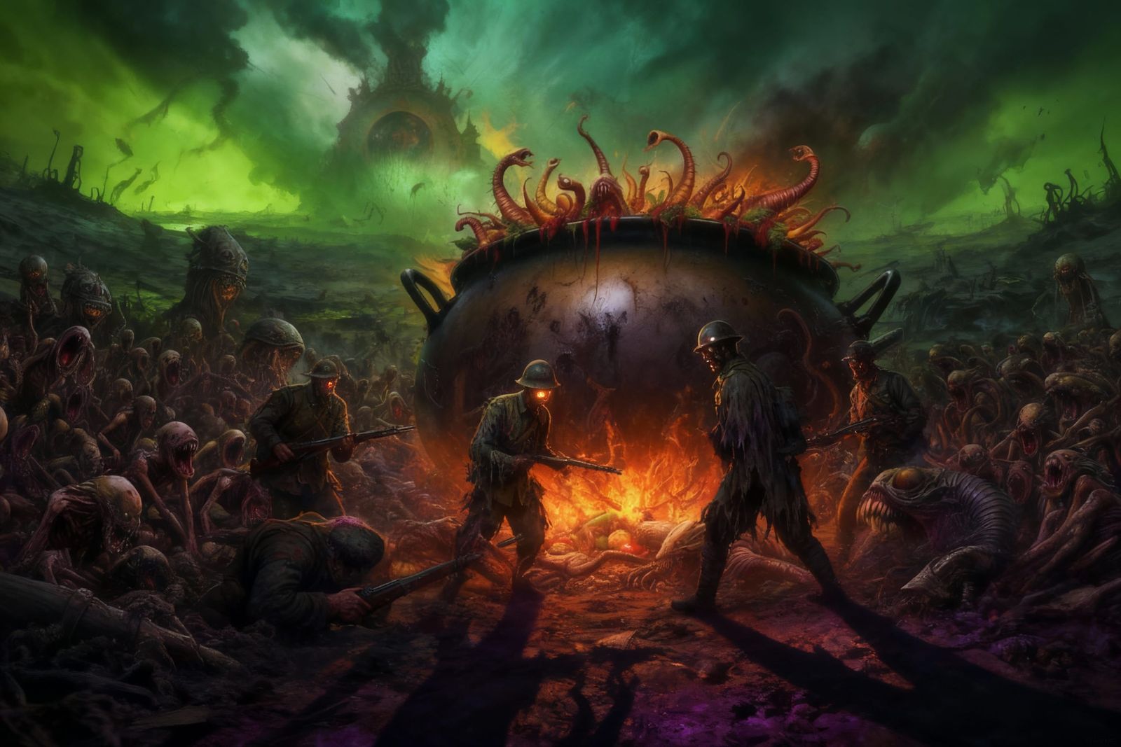 Mutated Soldiers Guarding Giant Cauldron in Dark Fantasy Was...