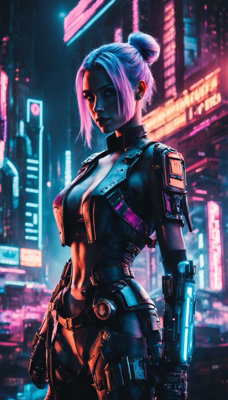 Cyberpunk Harley Quinn in Neon-Lit Dystopia
