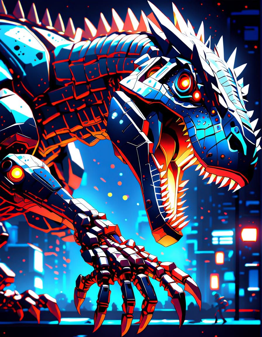 Anime Mechanical Dinosaur Swipes with Glowing Claws