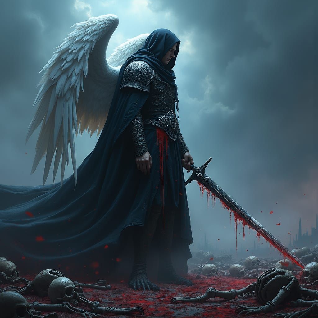 Brooding Angel in Morbid Landscape