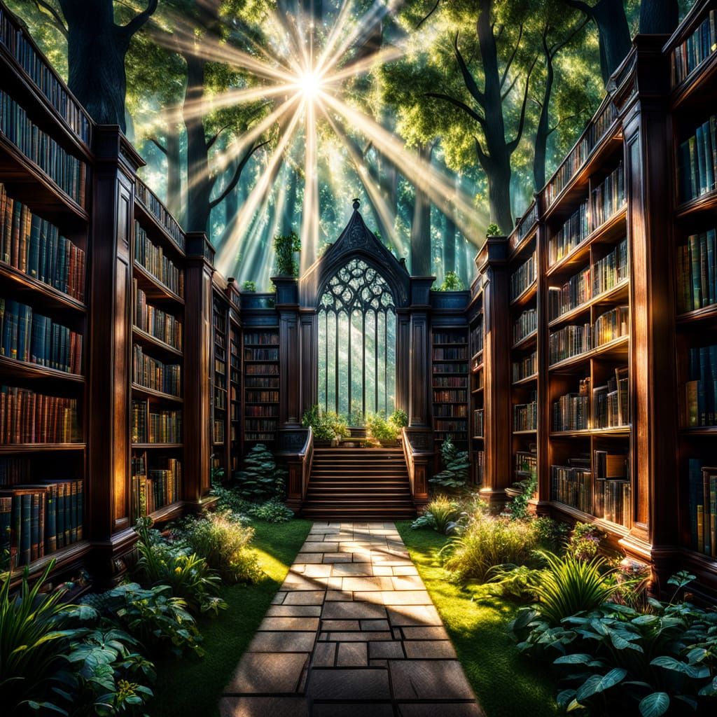 Surreal Library Oasis in Forest Glory
