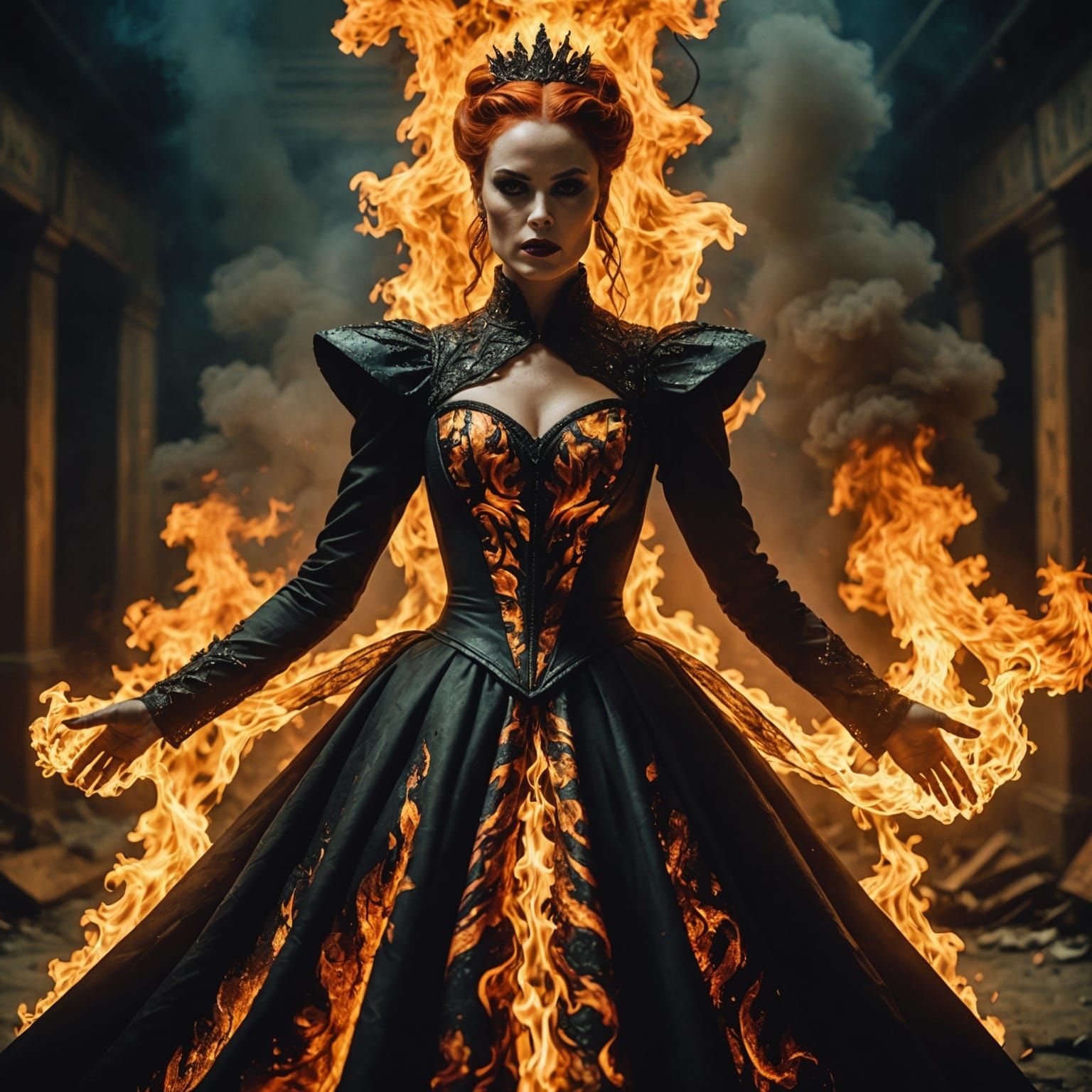Young Woman in Fiery Dress: Cinematic Still