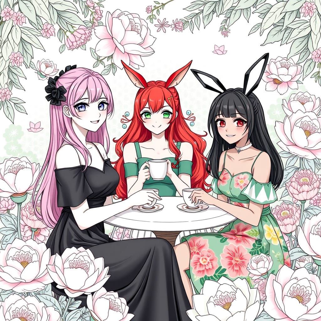 Anime Style Tea Party in a Peony Garden