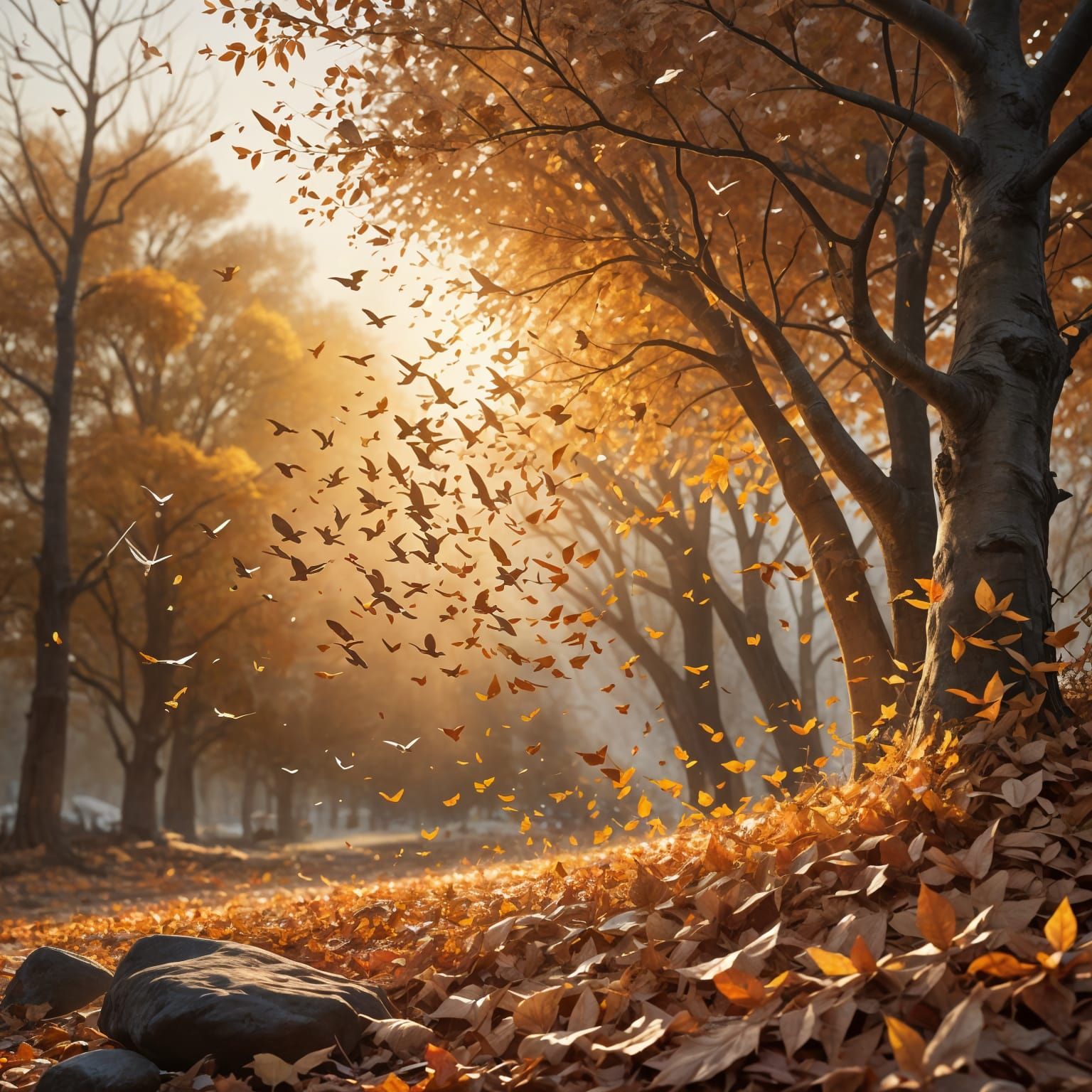 Autumn Sunset: Birds Made of Leaves