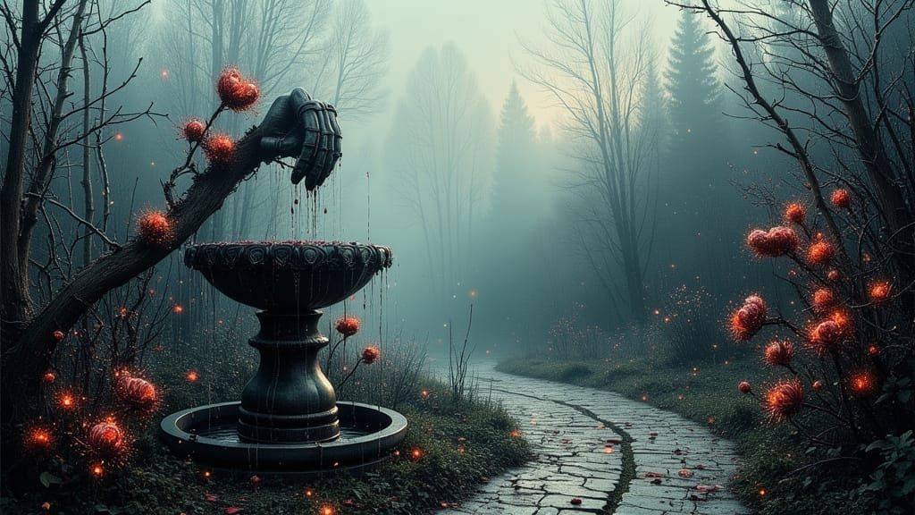 Dark Fantasy Garden Painting With Bleeding Hearts