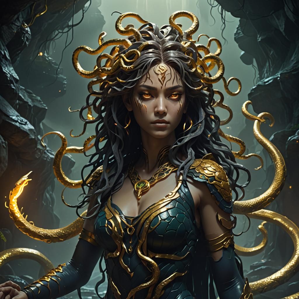 Mystical Medusa in Dark Cave: 3D Anime Art