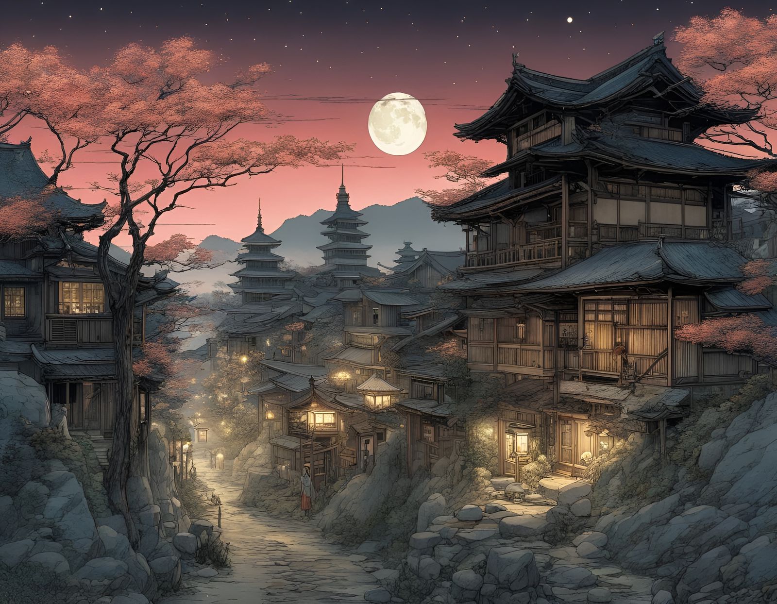 Starry Night in Peaceful Japanese Village
