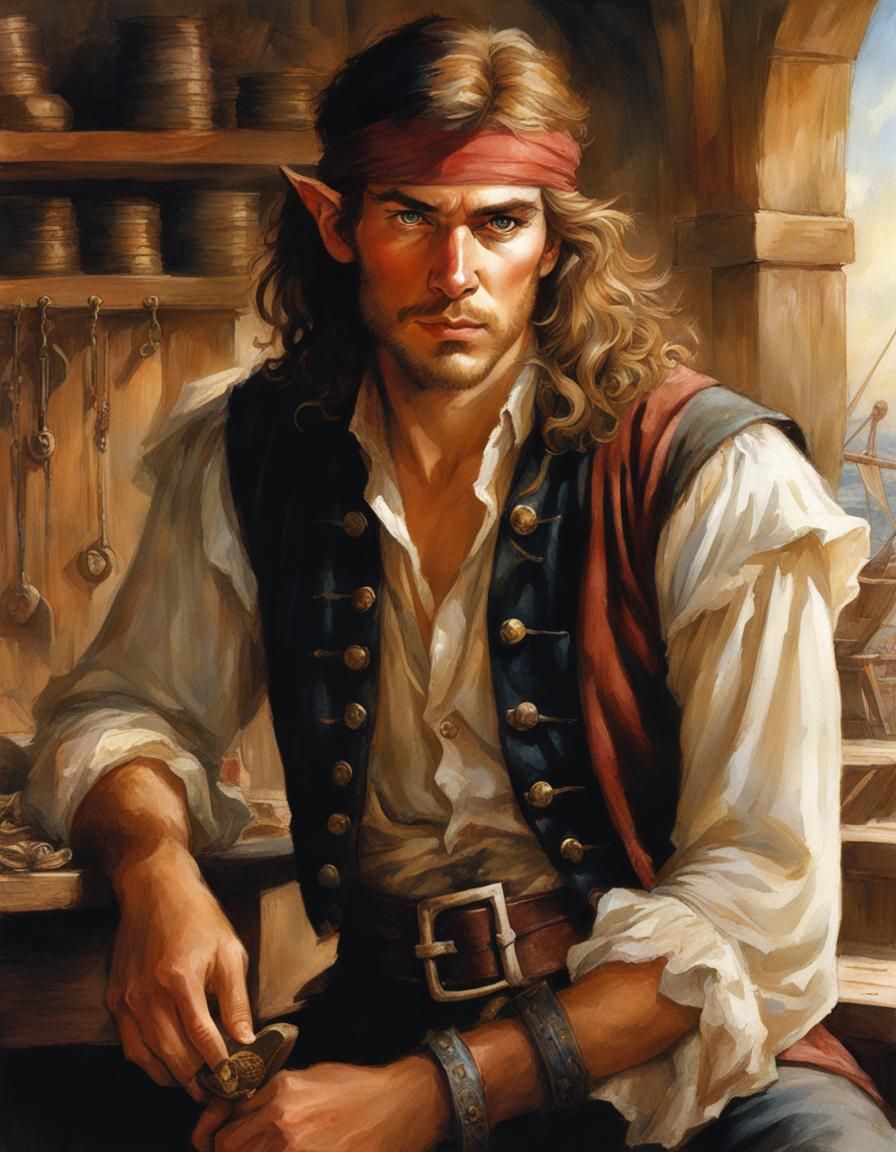 Half-Elf Pirate Artificer in Watercolor Style
