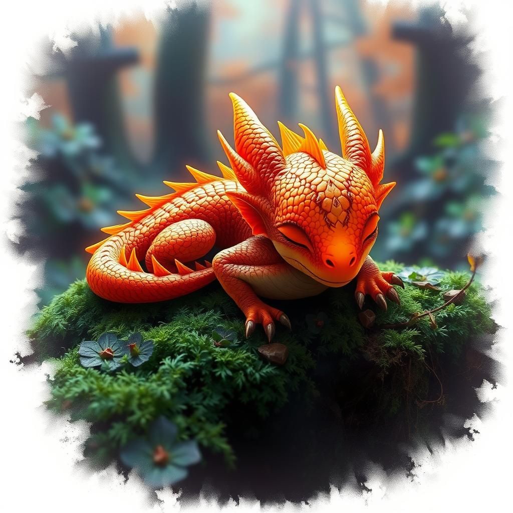 Neon Orange Dragon Sleeps in Mossy Forest