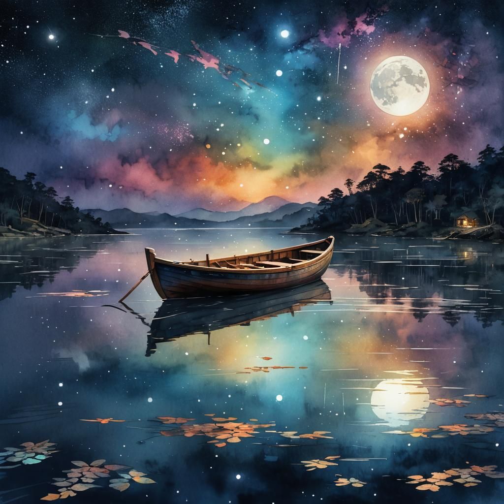 Moonlit Rowboat in Digital Watercolor Style