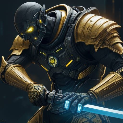 Warrior in High-Tech Armor Amidst Futuristic Ruins