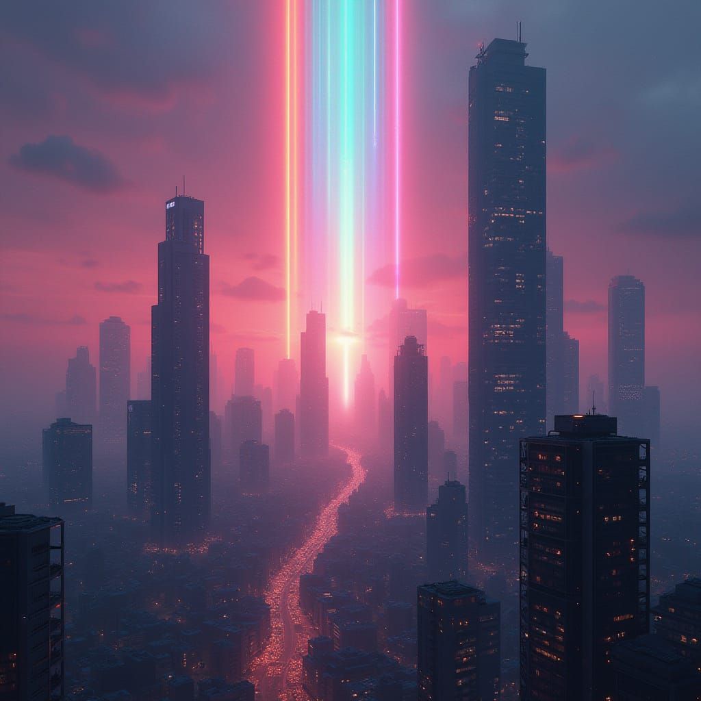 Futuristic Cityscape with Spectrum Light Beams