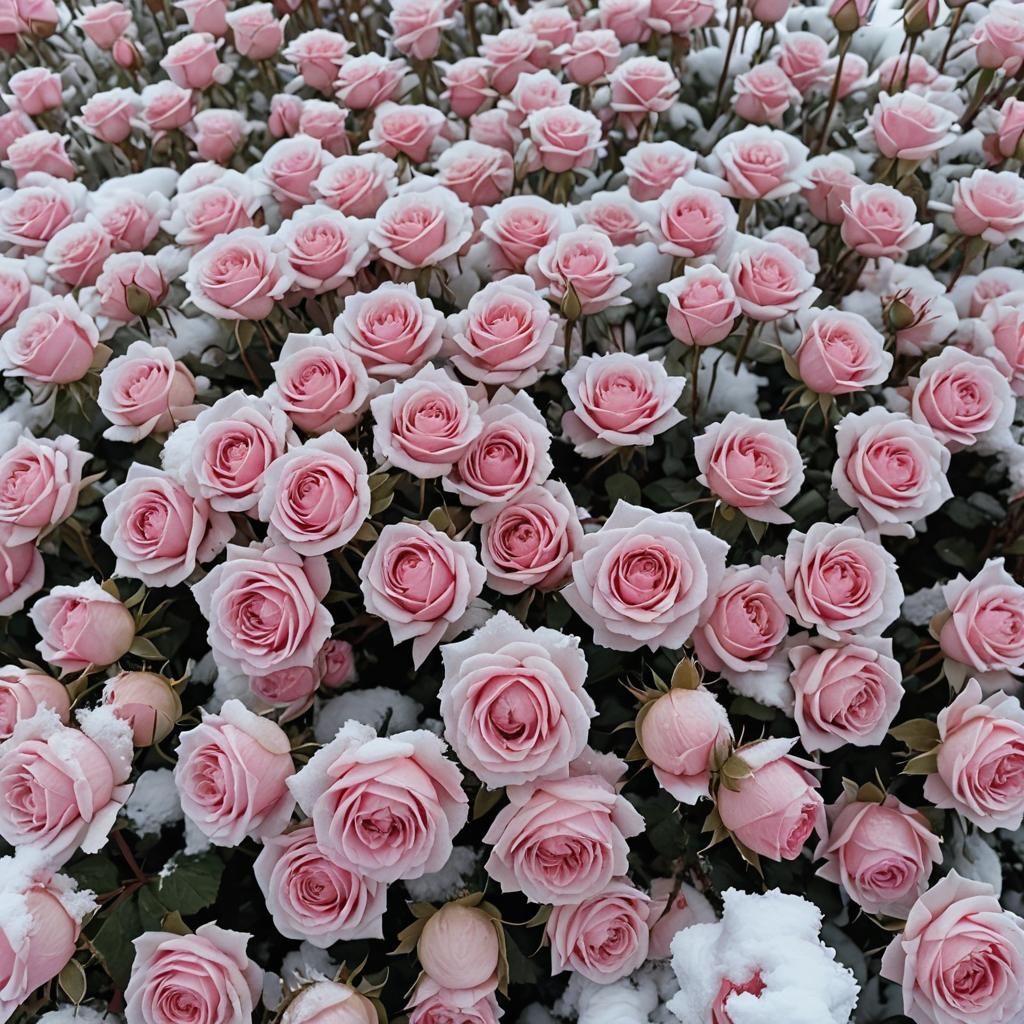 Snow Covered Pink Roses Field Landscape