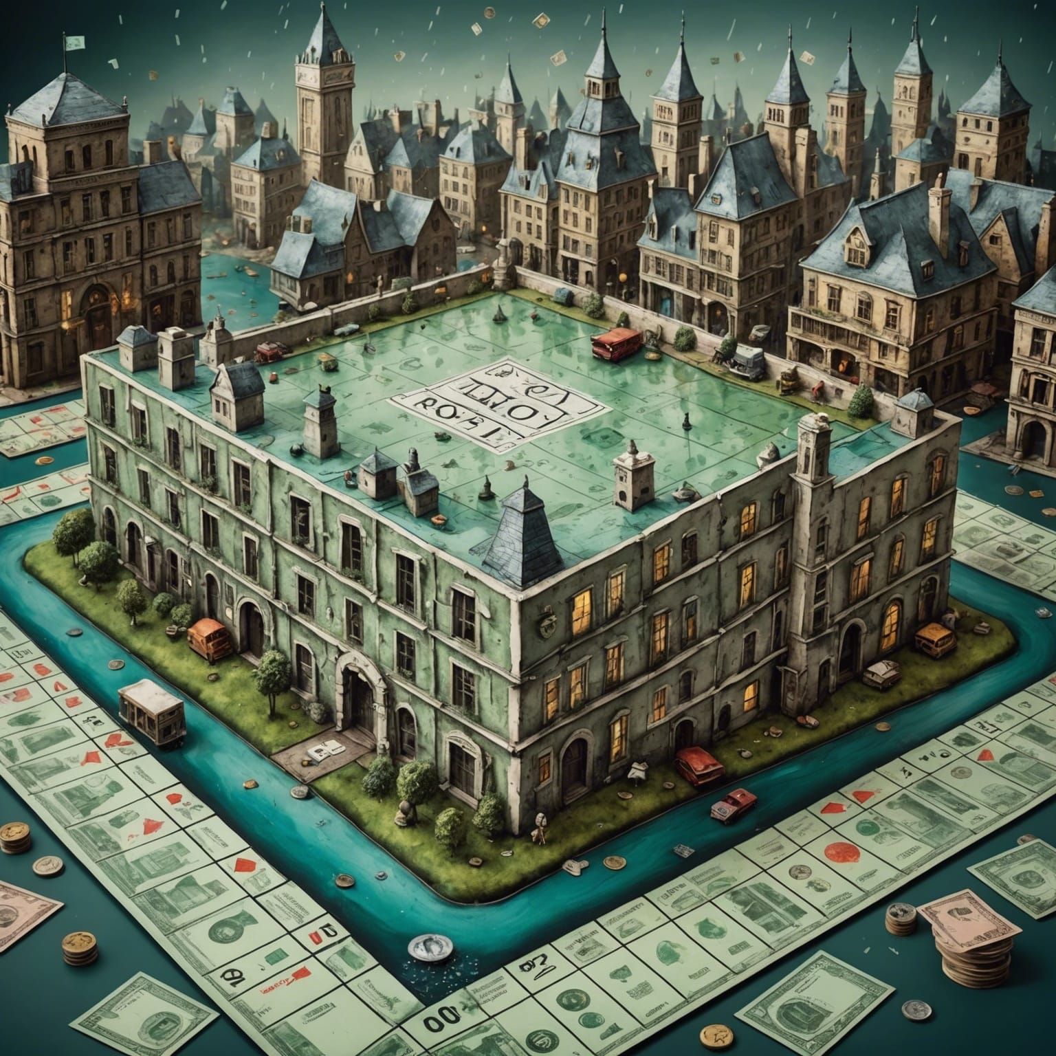 Surreal Monopoly World in Detailed Watercolor