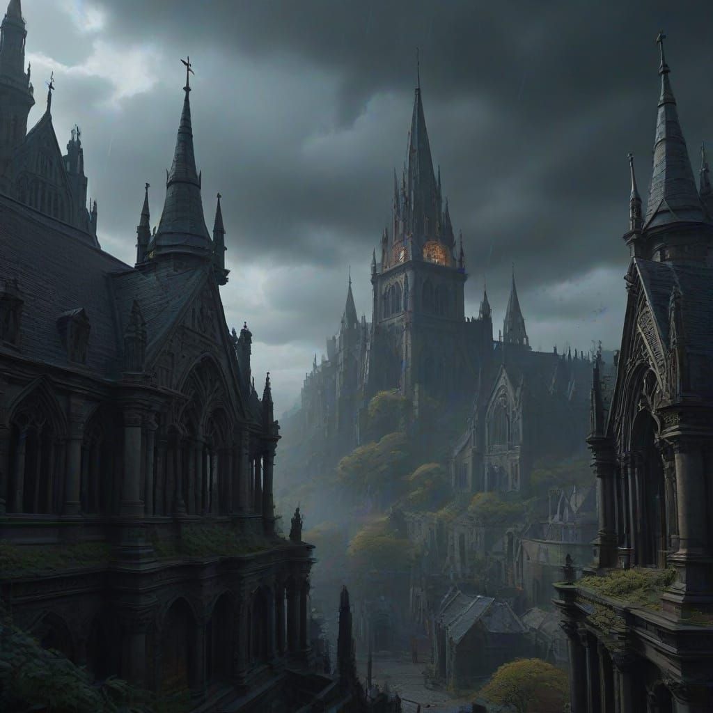 Gothic Cathedral Dominates Misty Graveyard Landscape
