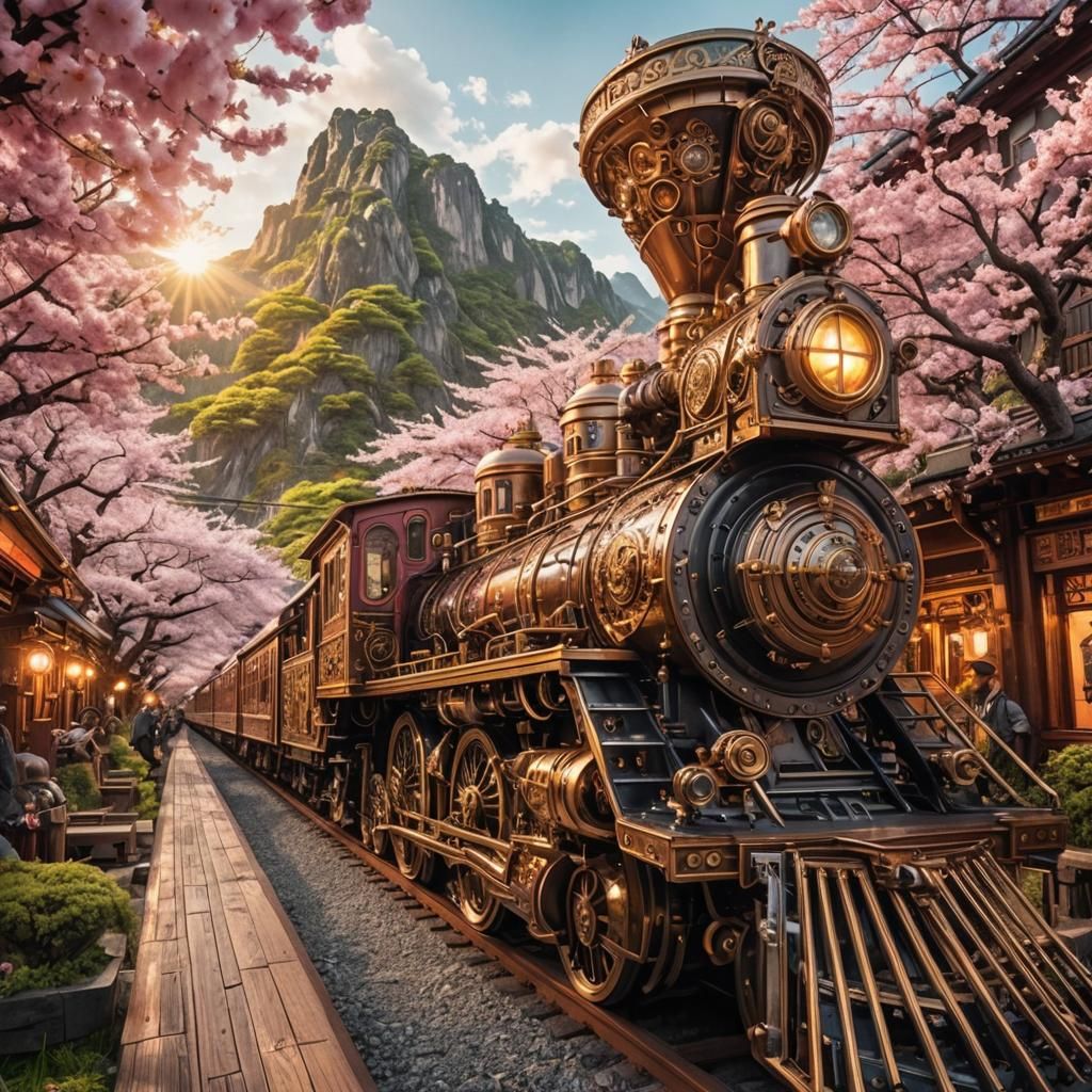 Steampunk Train Through Japanese Sakura Landscape