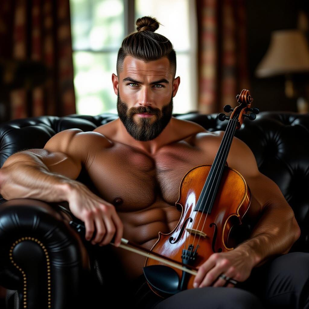 Handsome Muscular Man Poses Sensually on Leather Sofa