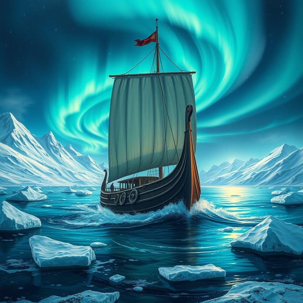 Viking Longship Sails Under Northern Lights