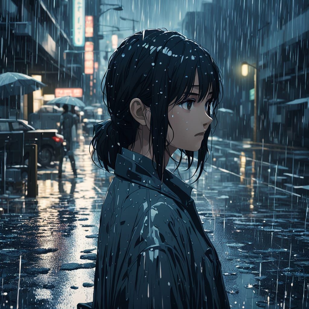 Anime Girl in Rainy Day Scene, Makoto Shinkai Style