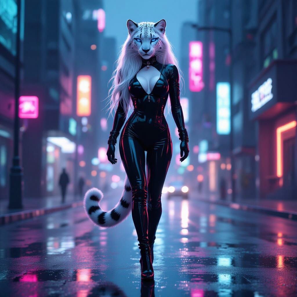 Snow Leopard Strides Through a Neon Cityscape