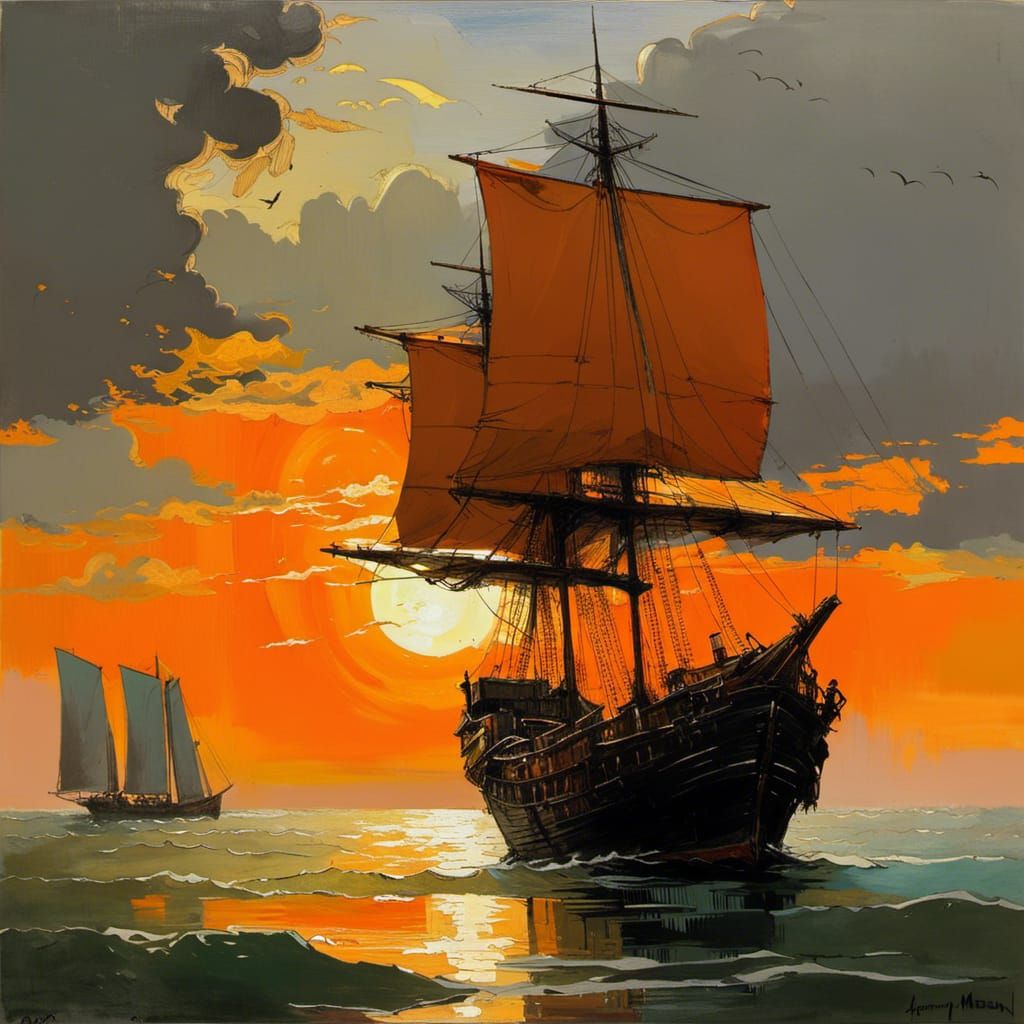 "A orange Chinese junk" glowing Chinese junk on rough ocean ...