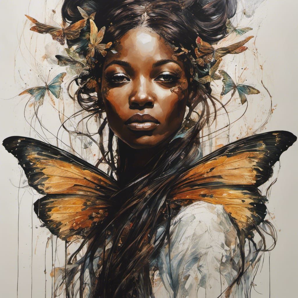 Butterfly-Winged Woman: Ink and Watercolor Art