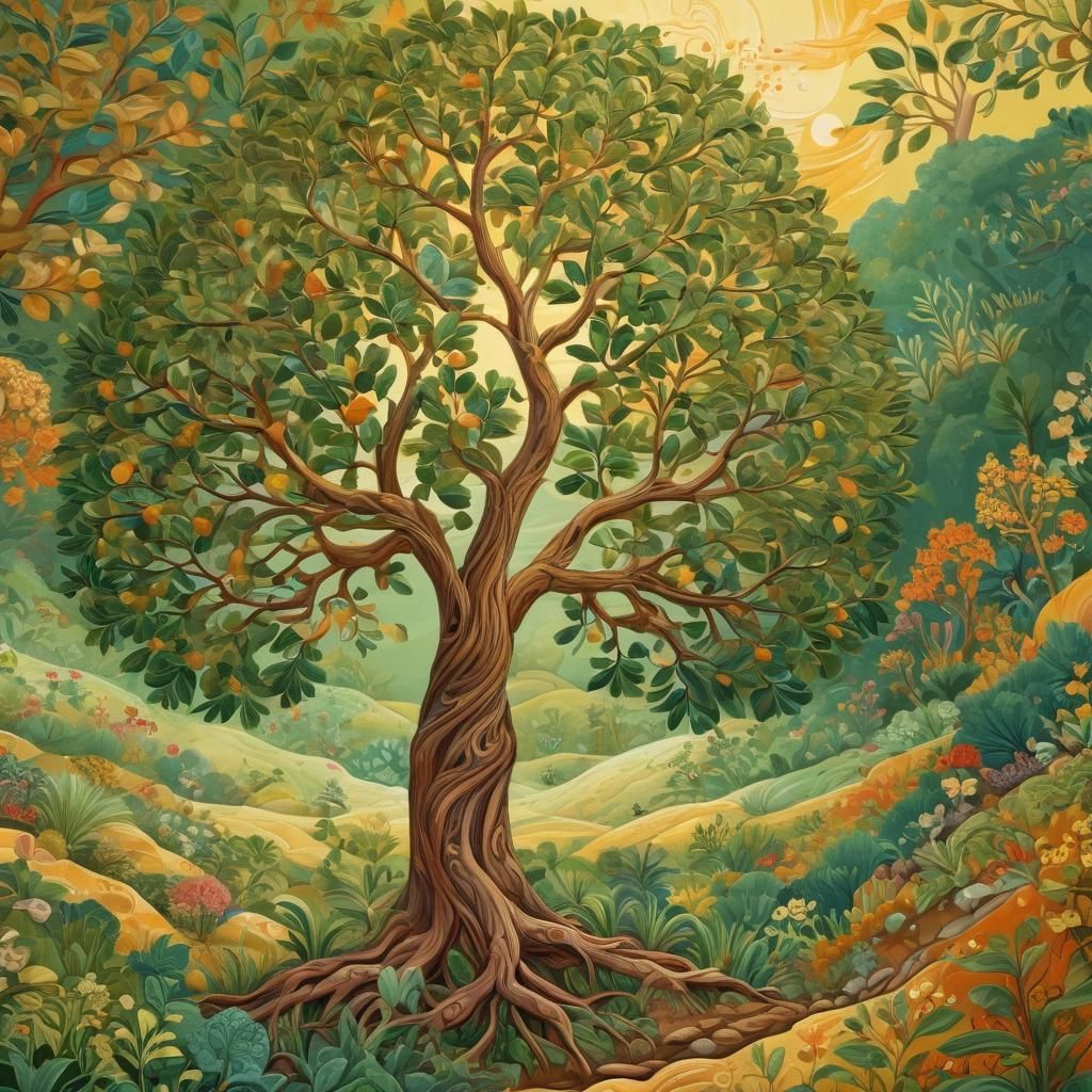 Lush Tree in Dreamlike Folk Art Landscape