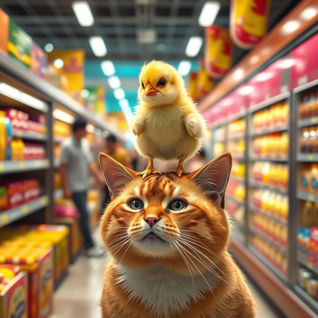 Cute Chick Rides Cat Through Grocery Store Aisle in Anime St...