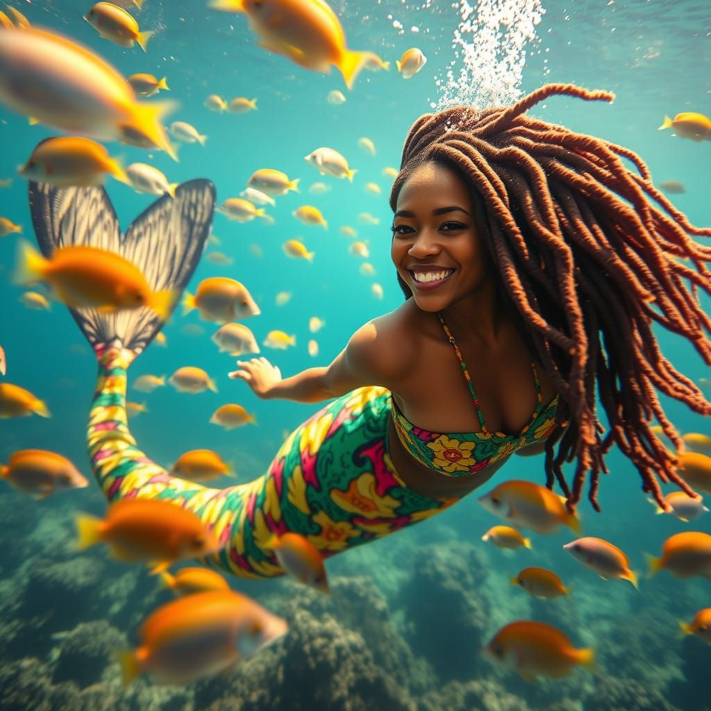 Caribbean Rastafarian Mermaid Radiates Joy Underwater