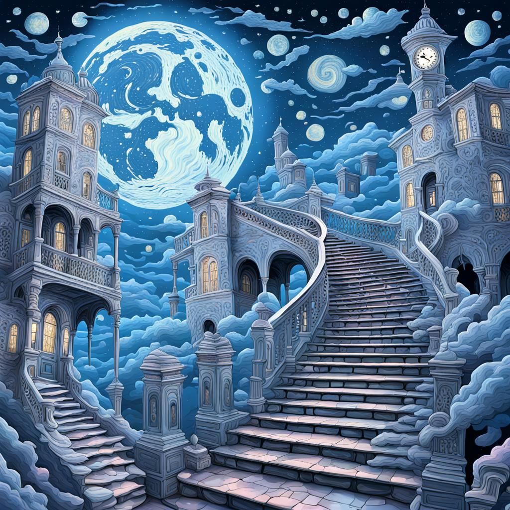 Surreal Stairways with Clocks in Starry Night