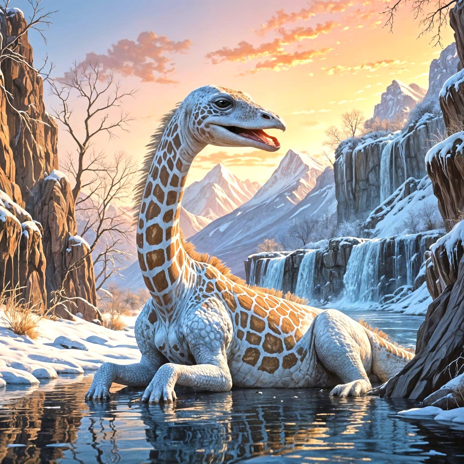 Lizard-Giraffe Hybrid in Waterfall Valley: Oil Painting