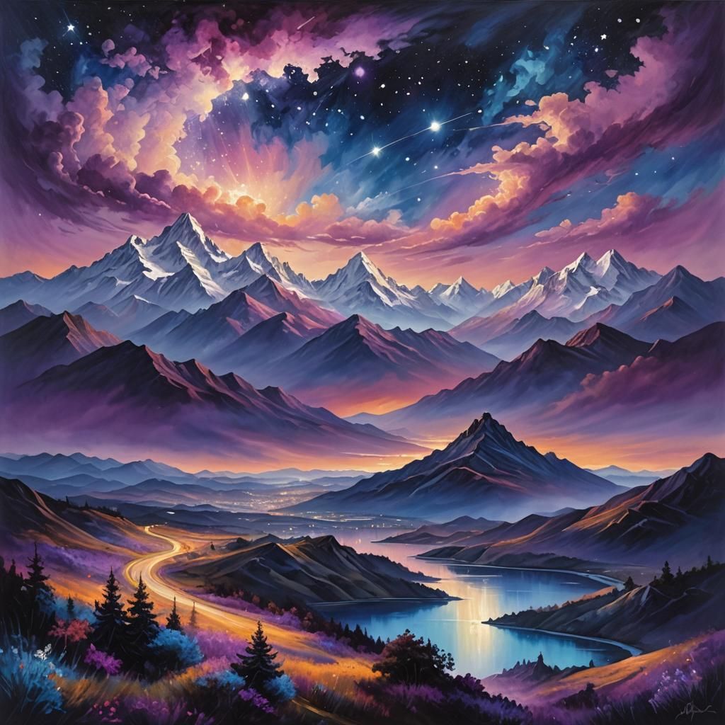 Celestial Nightscape: Vibrant Oil Painting of Mountains