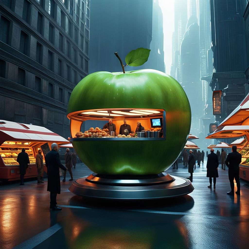 Apple Food Truck in Alien City, Biopunk Style