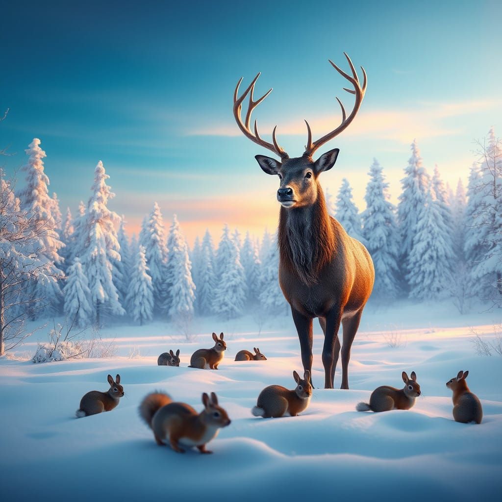 Winter Wonderland Scene with Majestic Stag and Forest Creatu...