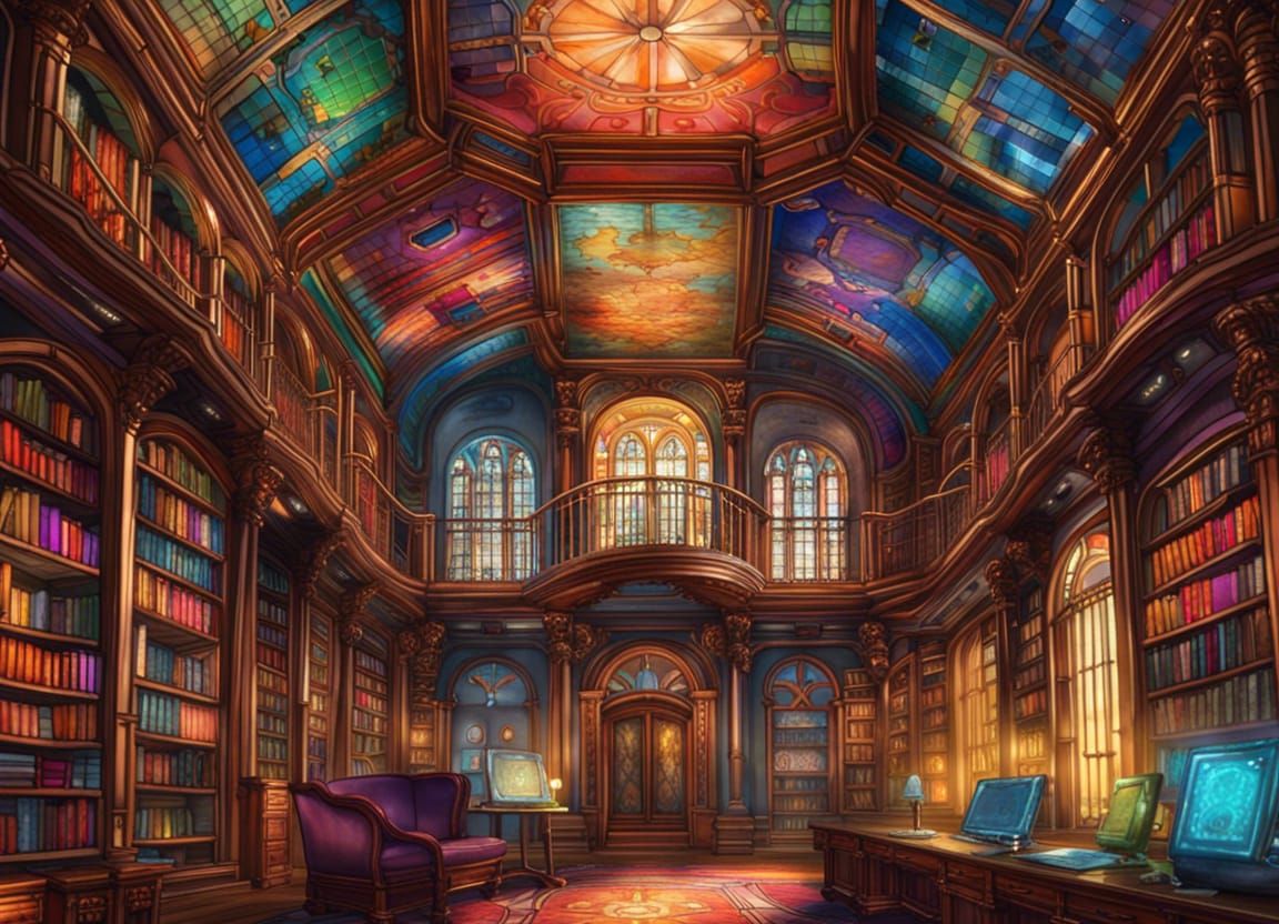Majestic Library with Glowing Circuits: Digital Painting