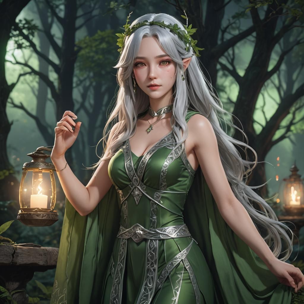 Silver-Haired Priestess at Forest Altar in Anime Style