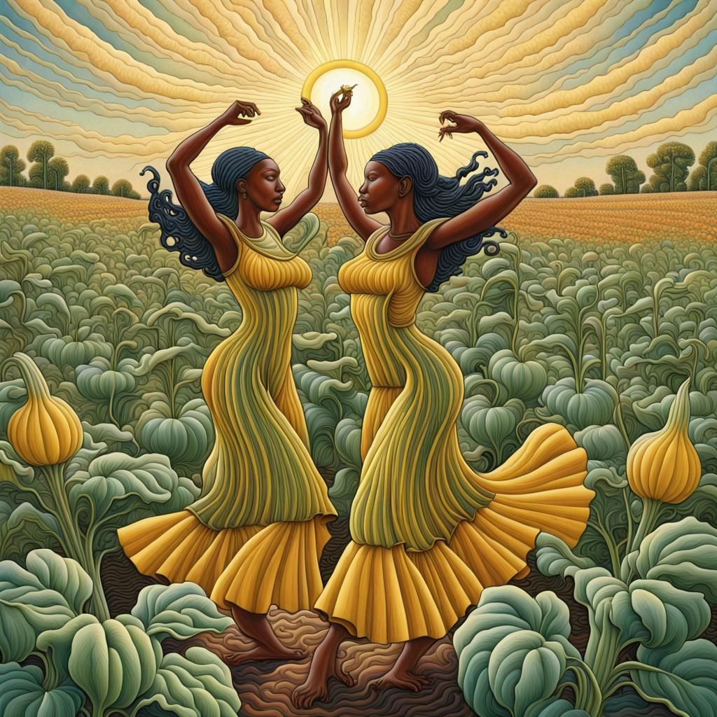 Vertical Squash Garden with Dancing Women, Art Deco Style