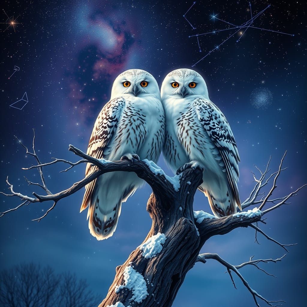 Snowy Owls Perched on Twisted Tree Under Starry Night Sky